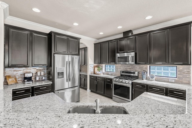 8522 Strom Park Dr, Melbourne, FL 32940 - kitchen with appliances with stainless steel finishes, crown molding, arched walkways, decorative backsplash, and light stone countertops