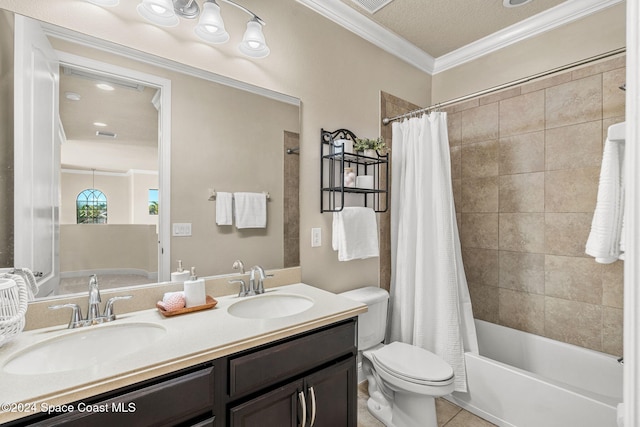8522 Strom Park Dr, Melbourne, FL 32940 - bathroom with crown molding, double vanity, shower / bathtub combination with curtain, and tile patterned floors
