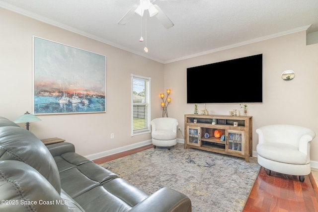 1510 Gardenton St NW, Palm Bay, FL 32907 - living room featuring wood finished floors, ornamental molding, and ceiling fan