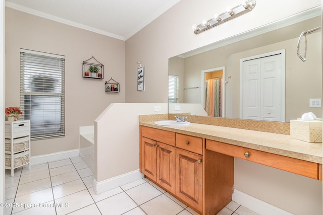 1510 Gardenton St NW, Palm Bay, FL 32907 - bathroom featuring vanity, ornamental molding, a bath, and tile patterned flooring