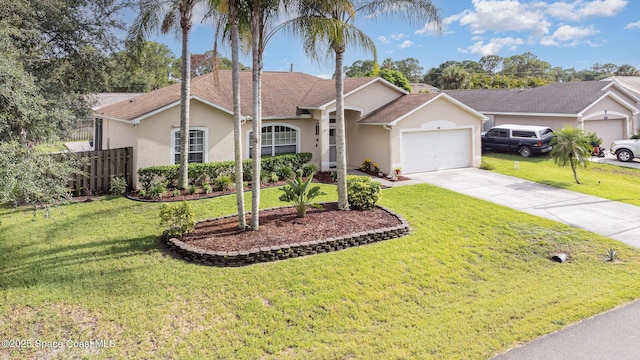 1510 Gardenton St NW, Palm Bay, FL 32907 - ranch-style house with stucco siding, an attached garage, concrete driveway, and a shingled roof