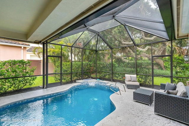 172 Whaler Dr, Melbourne Beach, FL 32951 - outdoor pool featuring a patio, an outdoor living space, and glass enclosure