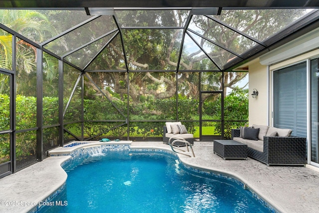 172 Whaler Dr, Melbourne Beach, FL 32951 - swimming pool with a patio, an outdoor hangout area, a hot tub, and glass enclosure