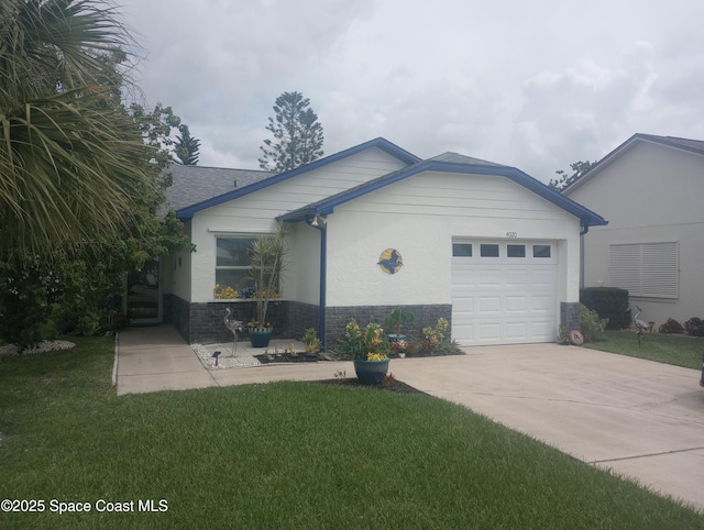 4020 Bayberry Dr, Melbourne, FL 32901 - ranch-style house with an attached garage, concrete driveway, a front lawn, and stone siding