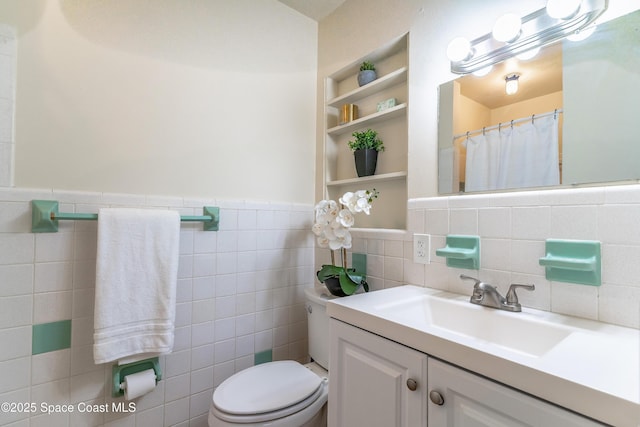 1768 Hudson Cir S, Melbourne, FL 32935 - bathroom with tile walls, vanity, a wainscoted wall, and a shower with curtain