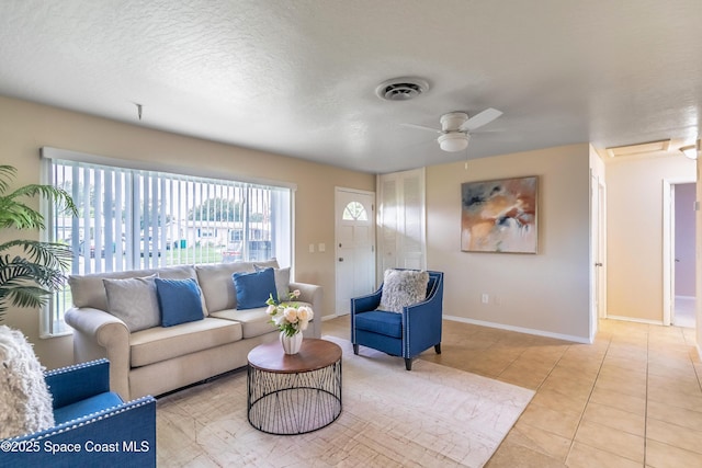 1768 Hudson Cir S, Melbourne, FL 32935 - living area with a ceiling fan, light tile patterned floors, and a textured ceiling