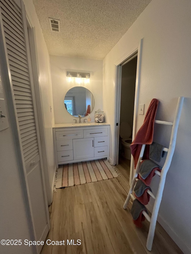 3799 S Banana River Blvd Unit 104, Cocoa Beach, FL 32931 - bathroom featuring wood finished floors, vanity, a textured ceiling, and a closet
