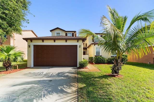 2032 Elkins Pt, Melbourne, FL 32935 - view of front of house with stucco siding, driveway, a garage, and a front lawn