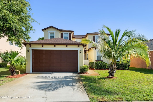 2032 Elkins Pt, Melbourne, FL 32935 - view of front facade featuring stucco siding, concrete driveway, a front lawn, and an attached garage