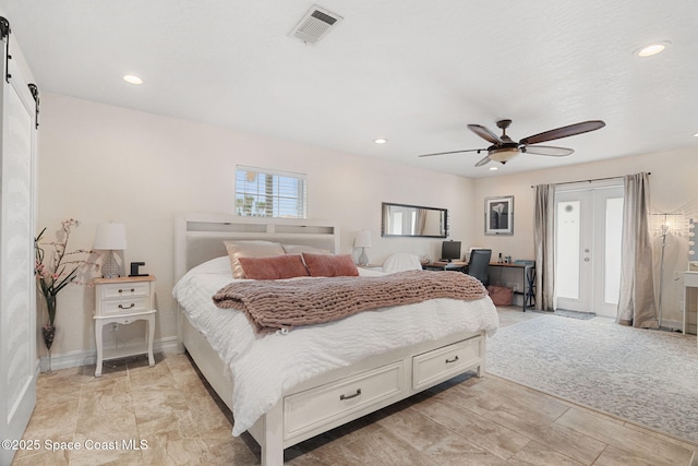 1036 Greenleaf Ct, Rockledge, FL 32955 - bedroom with a barn door, recessed lighting, access to outside, ceiling fan, and an office area