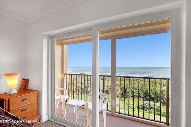 3170 N Atlantic Ave N Unit 403, Cocoa Beach, FL 32931 - carpeted bedroom with view of water and beach and crown molding