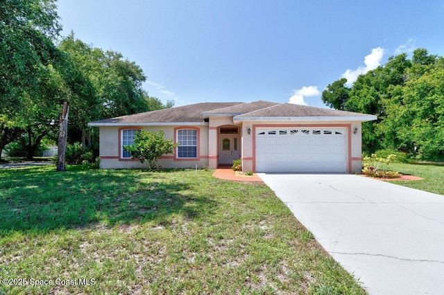 3825 Allen Ave, Micco, FL 32976 - ranch-style home featuring an attached garage, stucco siding, a front yard, and driveway