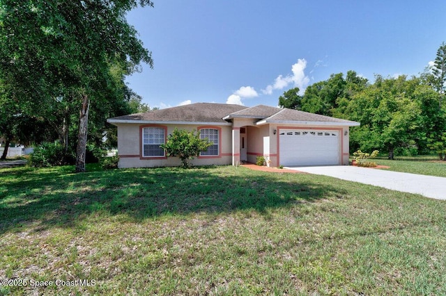 3825 Allen Ave, Micco, FL 32976 - ranch-style home featuring an attached garage, concrete driveway, a front yard, and stucco siding