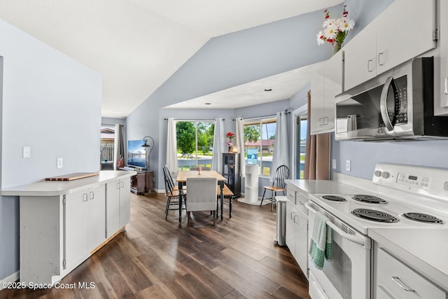 1298 Corning Ave NW, Palm Bay, FL 32907 - kitchen with electric stove, stainless steel microwave, light countertops, lofted ceiling, and dark wood finished floors