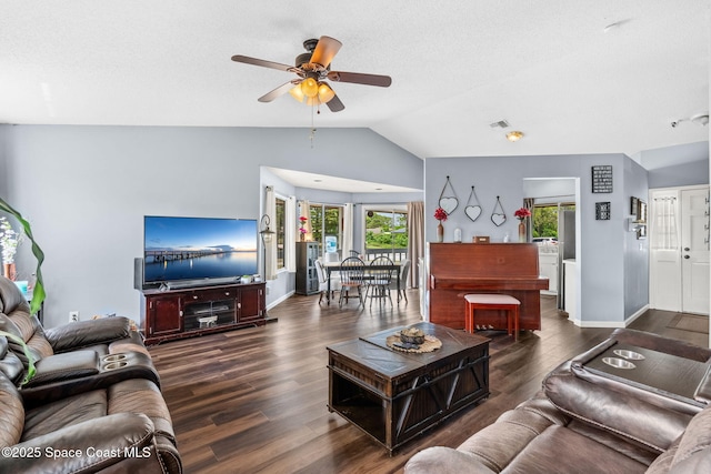1298 Corning Ave NW, Palm Bay, FL 32907 - living area featuring plenty of natural light, a ceiling fan, lofted ceiling, and wood finished floors