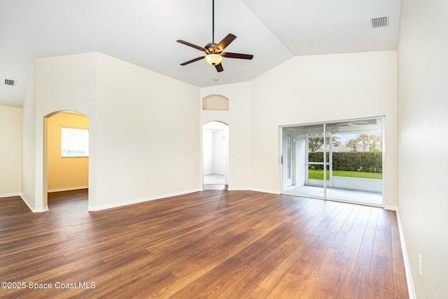 1713 Keys Gate Dr, Melbourne, FL 32940 - spare room with arched walkways, plenty of natural light, ceiling fan, and high vaulted ceiling