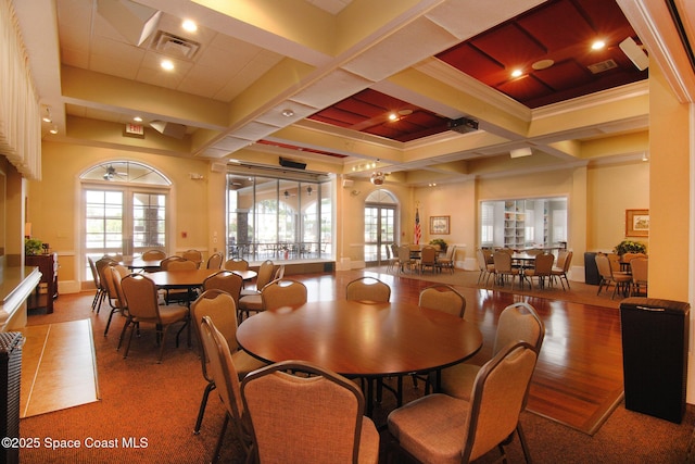 1713 Keys Gate Dr, Melbourne, FL 32940 - dining space featuring ornamental molding, beamed ceiling, and coffered ceiling