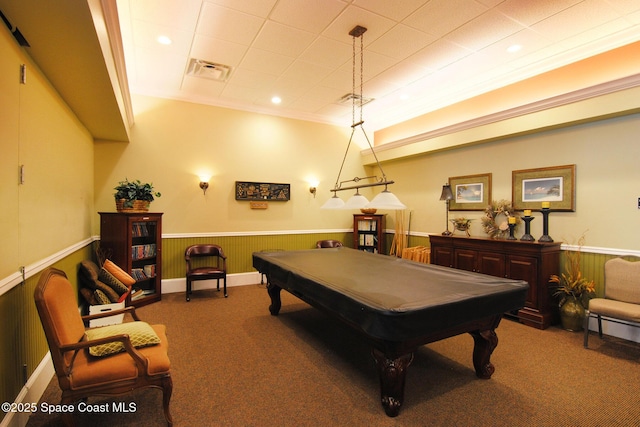 1713 Keys Gate Dr, Melbourne, FL 32940 - game room featuring carpet floors, wainscoting, billiards, and recessed lighting