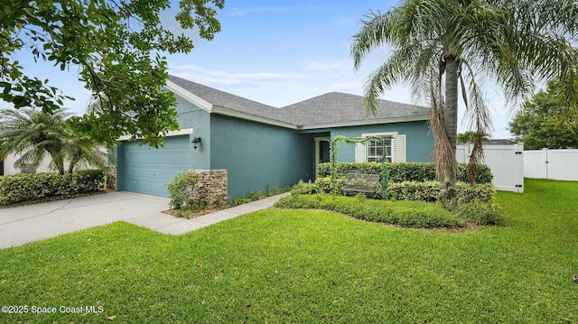 1448 Attilburgh Blvd, West Melbourne, FL 32904 - ranch-style house featuring stucco siding, a garage, concrete driveway, roof with shingles, and a gate