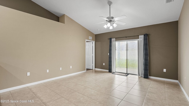 1448 Attilburgh Blvd, West Melbourne, FL 32904 - empty room with light tile patterned floors, ceiling fan, and high vaulted ceiling