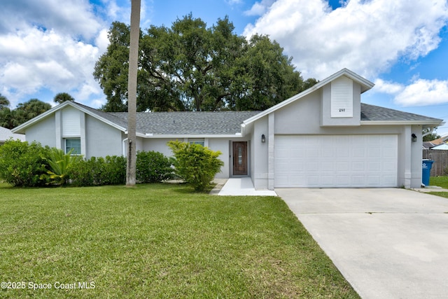 1249 Coosa Ave NE, Palm Bay, FL 32907 - view of front of house featuring a shingled roof, stucco siding, a front lawn, a garage, and driveway