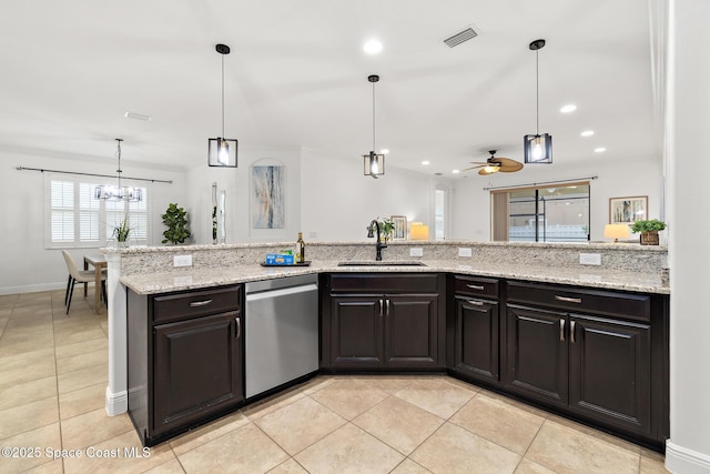 1026 Shiloh Dr, Melbourne, FL 32940 - kitchen with stainless steel dishwasher, a ceiling fan, recessed lighting, light tile patterned floors, and pendant lighting