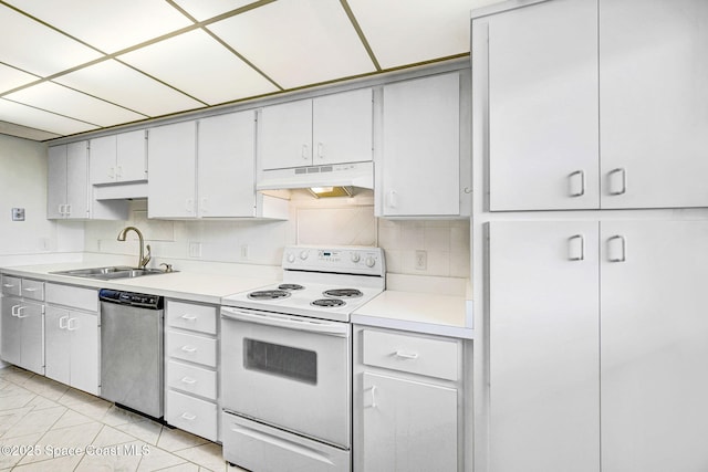 520 Palm Springs Blvd Unit 405, Indian Harbour Beach, FL 32937 - kitchen featuring stainless steel dishwasher, white range with electric stovetop, under cabinet range hood, light countertops, and decorative backsplash