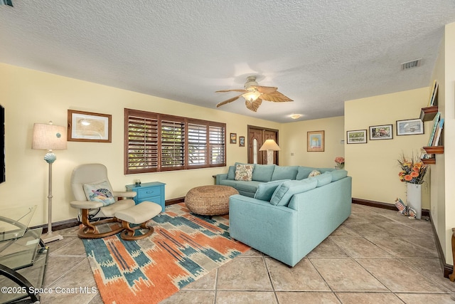63 Yacht Haven Dr, Cocoa Beach, FL 32931 - living room with ceiling fan, light tile patterned floors, and a textured ceiling