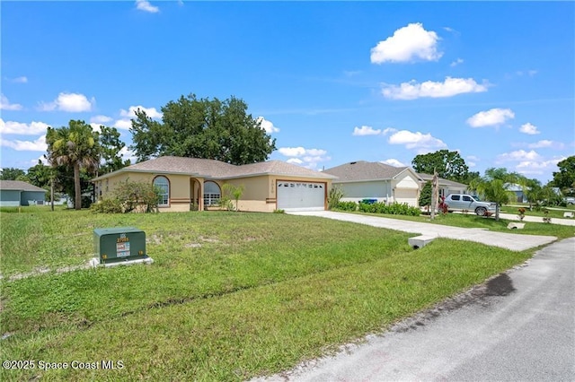 1020 Seamist Ln, Sebastian, FL 32958 - ranch-style house with concrete driveway, stucco siding, an attached garage, and a front lawn
