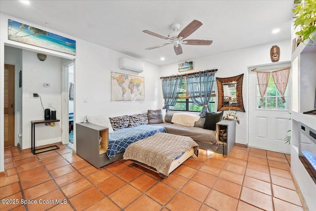 2314 Post Rd, Melbourne, FL 32935 - living area with a wall unit AC, ceiling fan, light tile patterned flooring, and recessed lighting