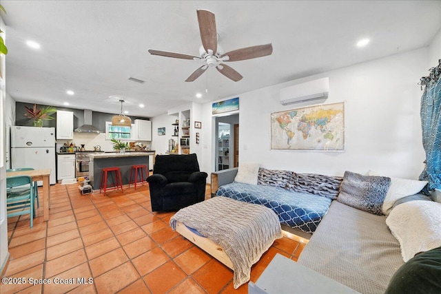 2314 Post Rd, Melbourne, FL 32935 - living area with an AC wall unit, recessed lighting, ceiling fan, and light tile patterned flooring