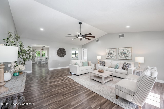 127 Friar Ct, Sebastian, FL 32958 - living room with a ceiling fan, vaulted ceiling, wood finished floors, and recessed lighting