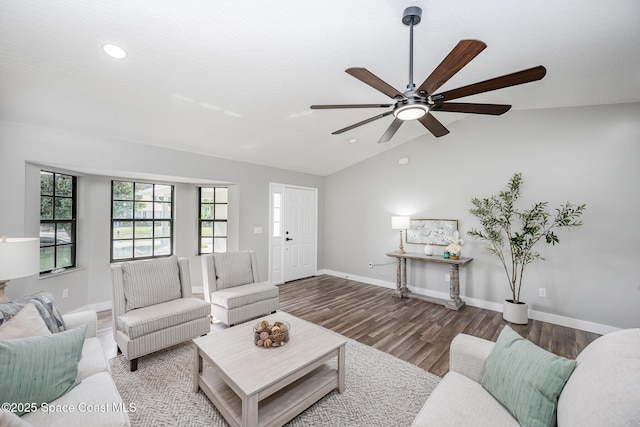 127 Friar Ct, Sebastian, FL 32958 - living room featuring a ceiling fan, recessed lighting, vaulted ceiling, and wood finished floors
