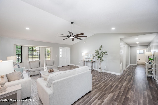 127 Friar Ct, Sebastian, FL 32958 - living room with ceiling fan, dark wood-style floors, lofted ceiling, and recessed lighting