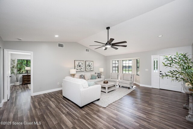 127 Friar Ct, Sebastian, FL 32958 - living area featuring a ceiling fan, dark wood-style floors, vaulted ceiling, and recessed lighting