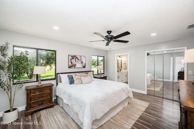 127 Friar Ct, Sebastian, FL 32958 - bedroom featuring multiple windows, recessed lighting, wood finished floors, and a ceiling fan