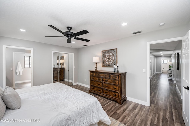 127 Friar Ct, Sebastian, FL 32958 - bedroom featuring wood finished floors, recessed lighting, a closet, and a ceiling fan