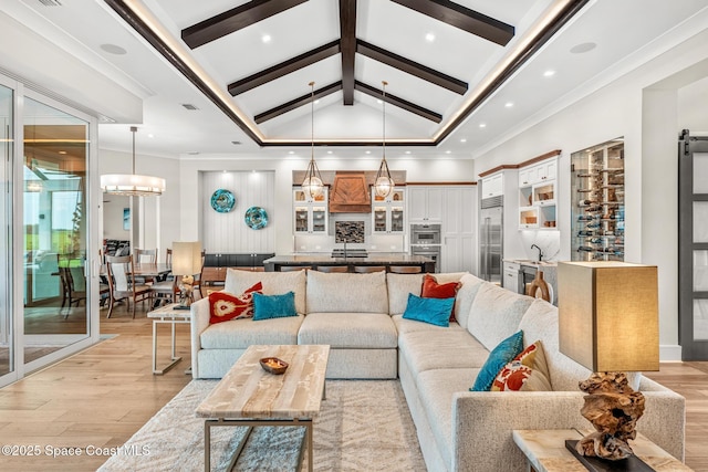 3778 Lake Adelaide Pl, Rockledge, FL 32955 - living room featuring light wood-type flooring, beam ceiling, recessed lighting, high vaulted ceiling, and ornamental molding
