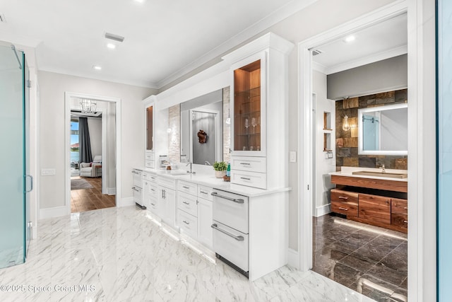 3778 Lake Adelaide Pl, Rockledge, FL 32955 - bathroom with crown molding, vanity, recessed lighting, marble finish flooring, and an enclosed shower