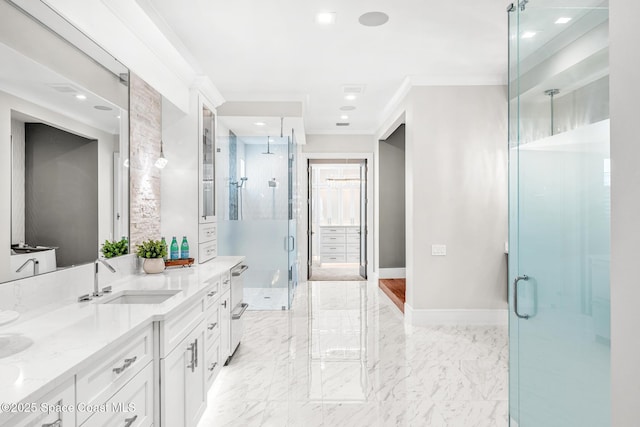 3778 Lake Adelaide Pl, Rockledge, FL 32955 - full bathroom featuring double vanity, a stall shower, and crown molding