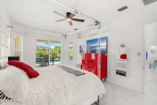 227 Loggerhead Dr, Melbourne Beach, FL 32951 - bedroom featuring light marble finish floors, access to outside, a ceiling fan, and a sunroom