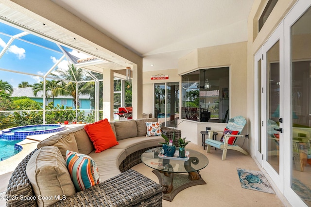 227 Loggerhead Dr, Melbourne Beach, FL 32951 - sunroom with a hot tub, lofted ceiling, an outdoor hangout area, and healthy amount of natural light