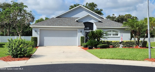 688 Naples Ct, West Melbourne, FL 32904 - ranch-style home with roof with shingles, stucco siding, a garage, and driveway