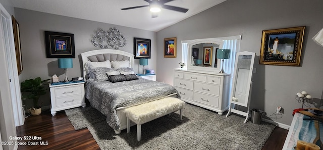 688 Naples Ct, West Melbourne, FL 32904 - bedroom with dark wood-type flooring, lofted ceiling, and ceiling fan