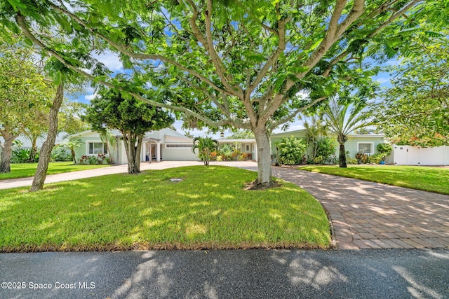 1732 Bay Shore Dr, Cocoa Beach, FL 32931 - view of front of home featuring curved driveway, a front lawn, and a garage