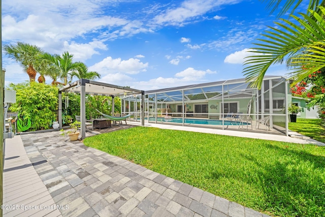 1732 Bay Shore Dr, Cocoa Beach, FL 32931 - view of grassy yard featuring a patio, an outdoor pool, and glass enclosure