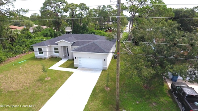 1043 Walden Blvd SE, Palm Bay, FL 32909 - ranch-style house with a garage, stucco siding, roof with shingles, a front lawn, and driveway