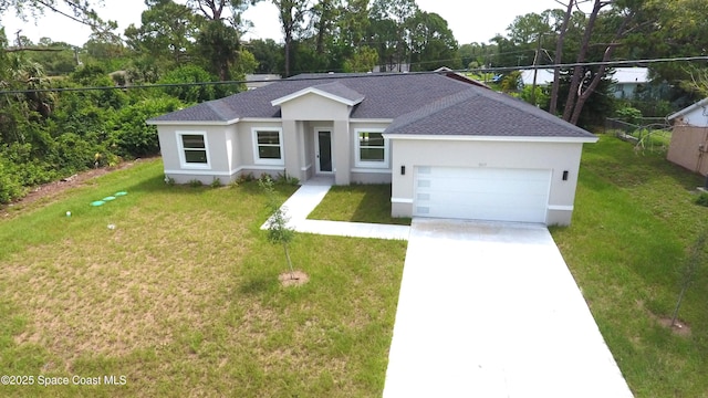 1043 Walden Blvd SE, Palm Bay, FL 32909 - ranch-style house featuring roof with shingles, a garage, stucco siding, and a front lawn