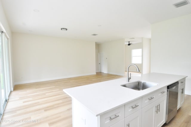 1043 Walden Blvd SE, Palm Bay, FL 32909 - kitchen with dishwasher, light wood-style floors, a center island with sink, white cabinetry, and open floor plan
