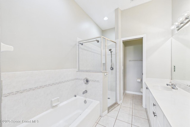 1720 Minutemen Cswy Unit 3, Cocoa Beach, FL 32931 - full bathroom with a bath, a stall shower, vanity, and tile patterned floors